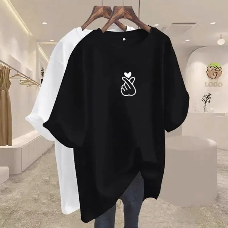 Women Clothing Elegant Chic Print Basic T-shirts Summer Fashion Pure Cotton O-neck Short Sleeve Top Tee Loose Pullover 45-105Kg luxecrown.co.uk