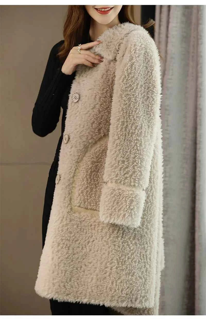 Female Winter Slim Grain Wool Middle Long Coat Women New Middle-Aged And Elderly Cashmere Thickened Imitation Lamb Wool Overcoat