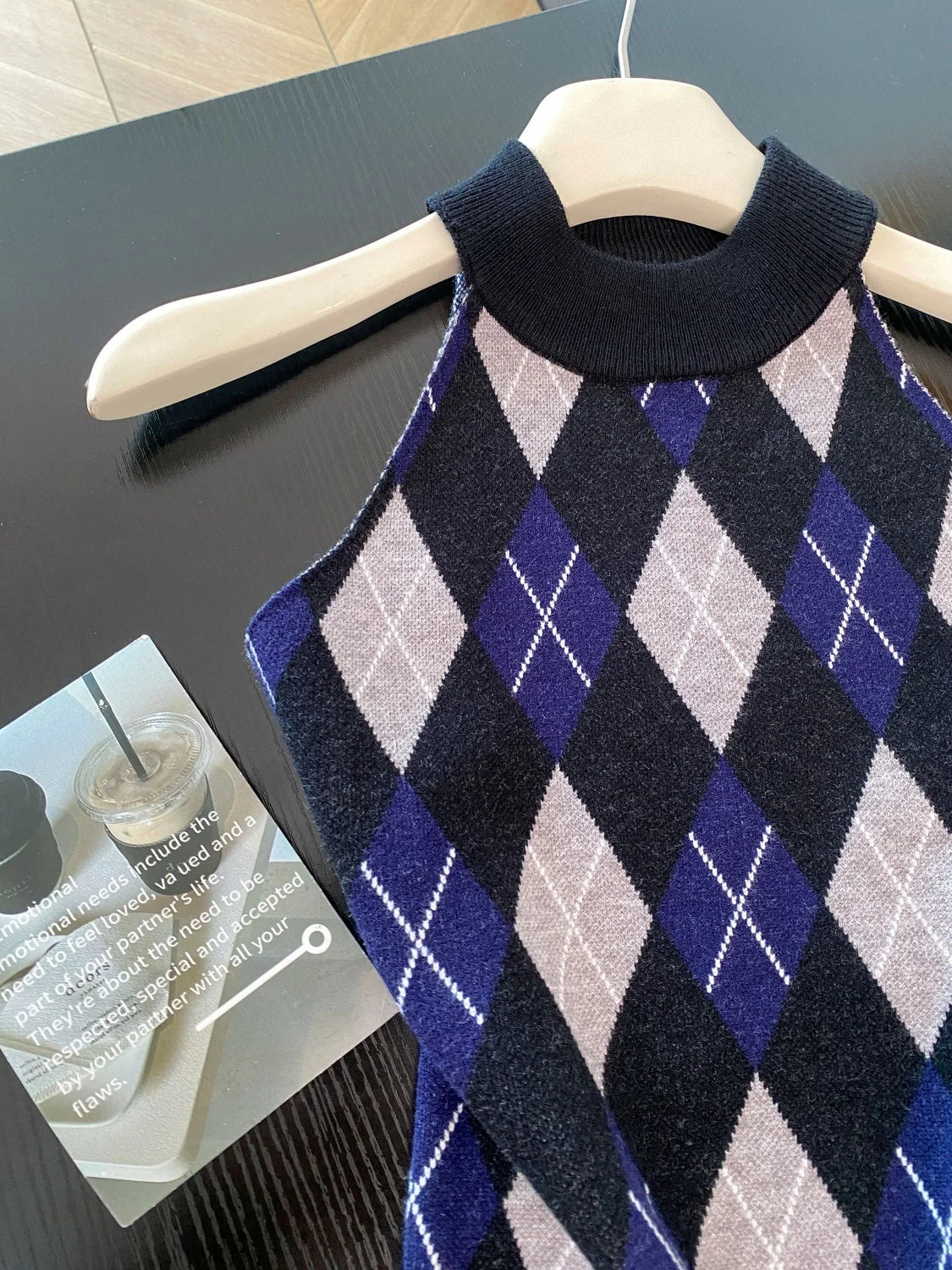 Women's Vintage Plaid Sweater Vest Ulzzang Style Knitted Preppy Soft Crew Neck Loose Top Fit Streetwear Camisole for Girls