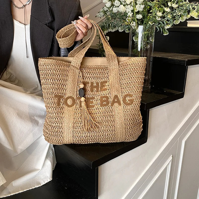 French Style Large Capacity Woven Straw Woven Bag for Women New Beach Vacation Shoulder Bag Casual Commuting Tote Bag Purse luxecrown.co.uk