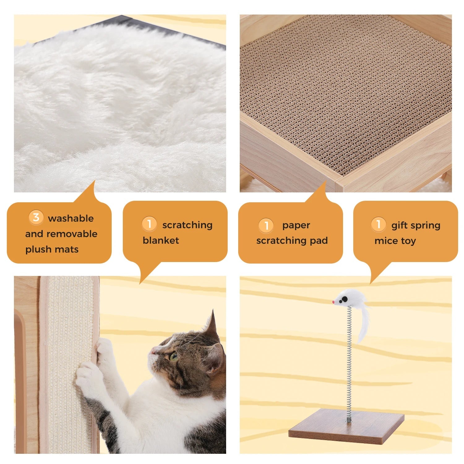 Wood Cat Condo House Bed with Removable Soft Mats Modern Cat Tree Tower with Scratching Pad Cat Scratcher Furniture Kitten Toys luxecrown.co.uk