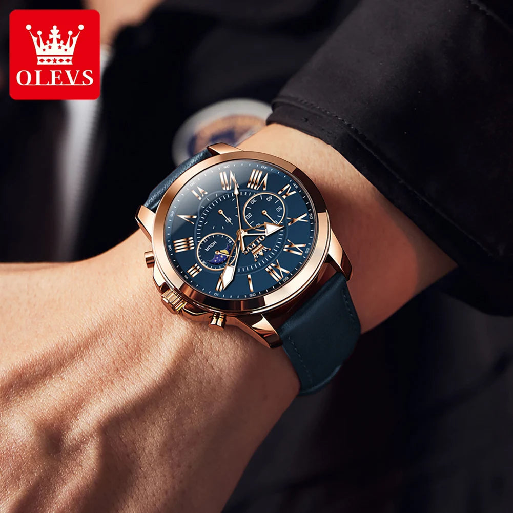 OLEVS 3632 Men Watch Elegant Luxury Sport Quartz Watch Scale Waterproof Luminous Automatic Date Moon Belt Watch Gifts Original luxecrown.co.uk