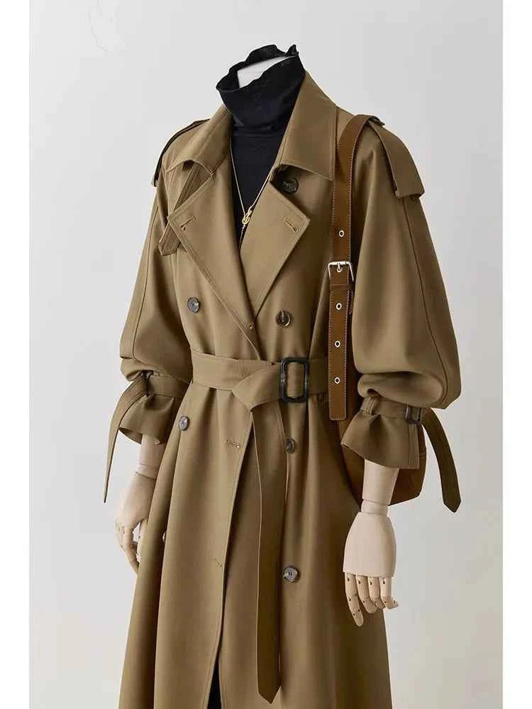 Lautaro Spring Autumn Oversized Khaki Long Trench Coat for Women Double Breasted Loose Casual Black Korean Fashion Overcoat 2025