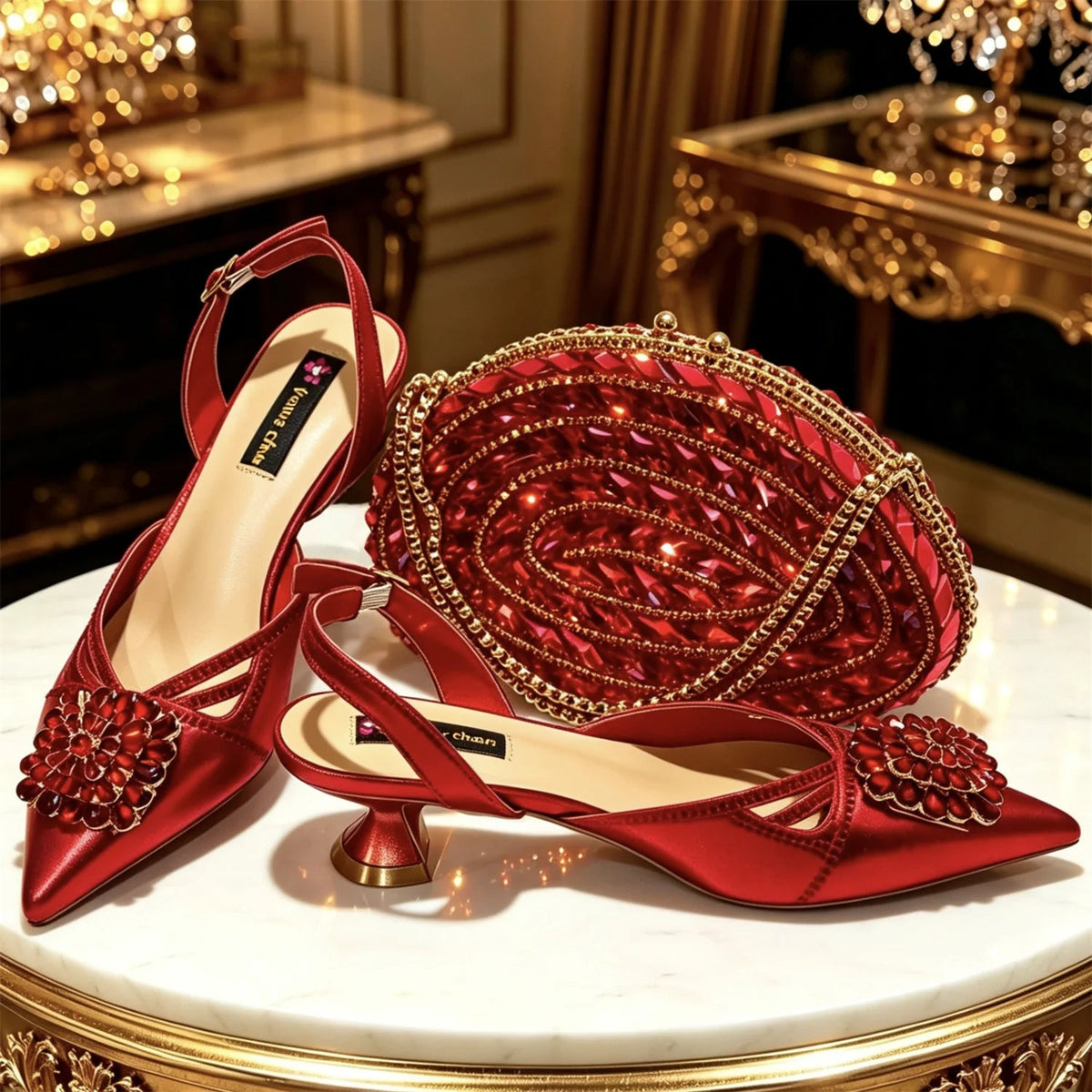 2026 Italian Peach Gold Rhinestone HAND CRAFTED UPPER Pointed Toe Women High Heels Shoes and Bag Set Elegant Party Shoes luxecrown.co.uk