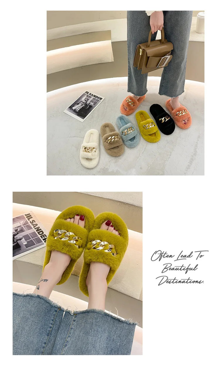Fashion Faux Fox Fur Slippers Women Spring Autumn Fluffy Slides Ladies Peep Toe Fur Shoes Flat Large Size Furry Soft House Shoes luxecrown.co.uk