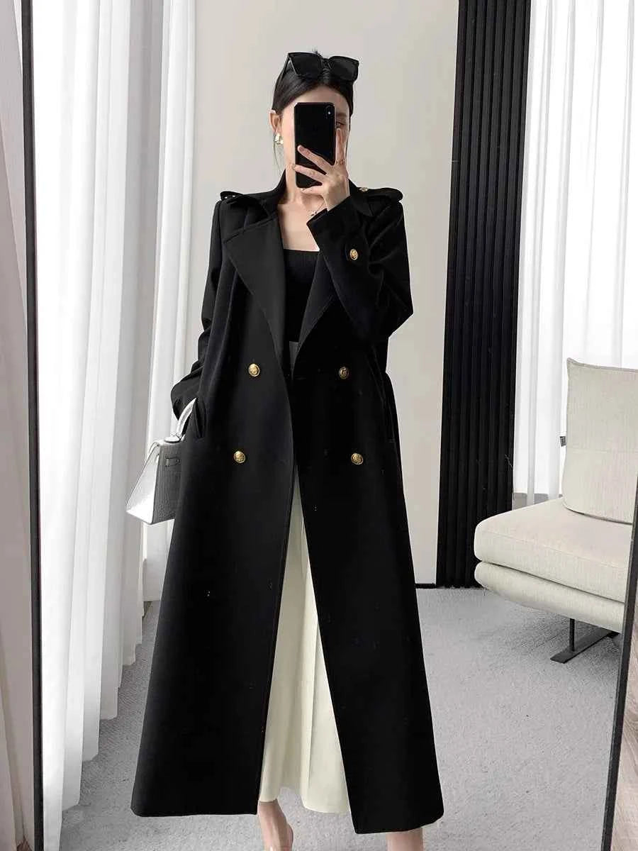 Lautaro Spring Autumn Long Black Trench Coat for Women Gold Buttons Double Breasted Elegant Chic Luxury Designer Clothes 2025