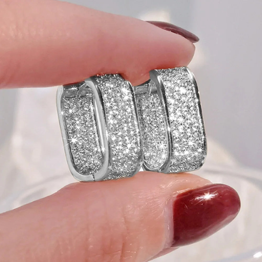 Luxury Full of Zircon Shiny Geometric Square Hoop Earrings for Women Temperament Gold Color Stainless Steel Korea Jewelry Gift Streetsharks