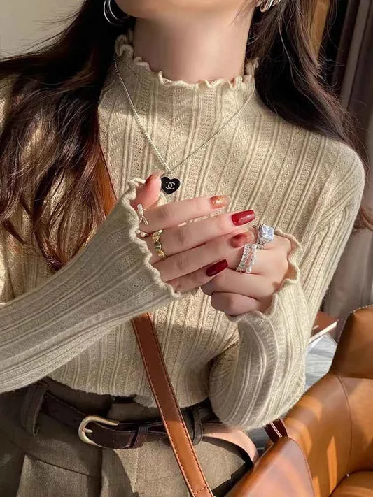 New Women's Autumn and Winter Solid Color Ruffled Semi-turtleneck Long-sleeved Knitted Sweater Casual Women's Knitted Pullovers