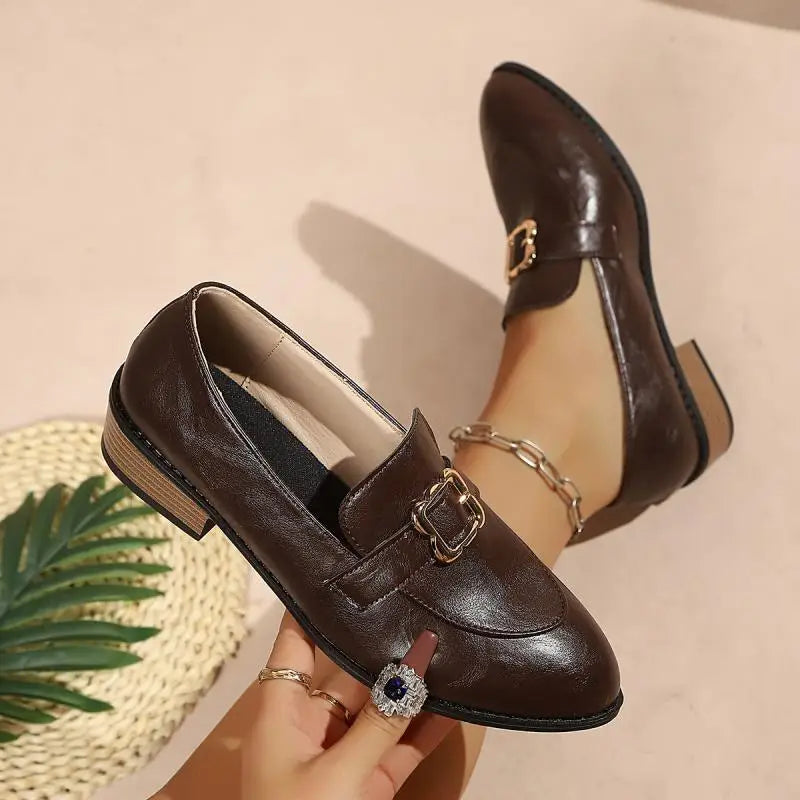 Retro Metal Buckle Thick Heel Loafers Women Summer 2026 Classic Black Brown Pu Leather Loafer Elegant Dress Shoes for Women luxecrown.co.uk
