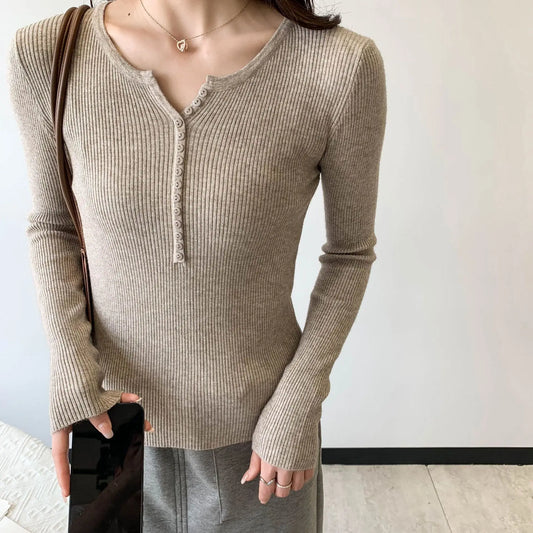 2026 Spring Autumn Basic Sweaters Knitted Women Sweater Button O-neck Pullovers Female Pullover Slim Solid Bold Stripes Tops