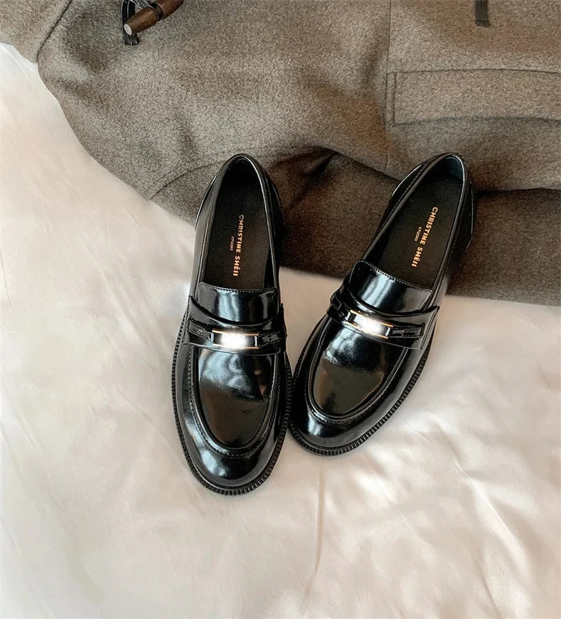 Spring New Women's Genuine Leather Shoes British Style Black Casual Shoes Banquet Office Wear Stylish Metal Design Loafers luxecrown.co.uk