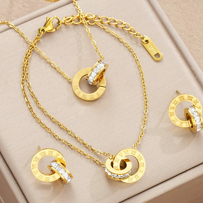 4Pcs/Set Gold Color Stainless Steel Crystal Necklace Bracelet Earrings for Women Interlocking Circles Roman Numbers Jewelry Sets Streetsharks