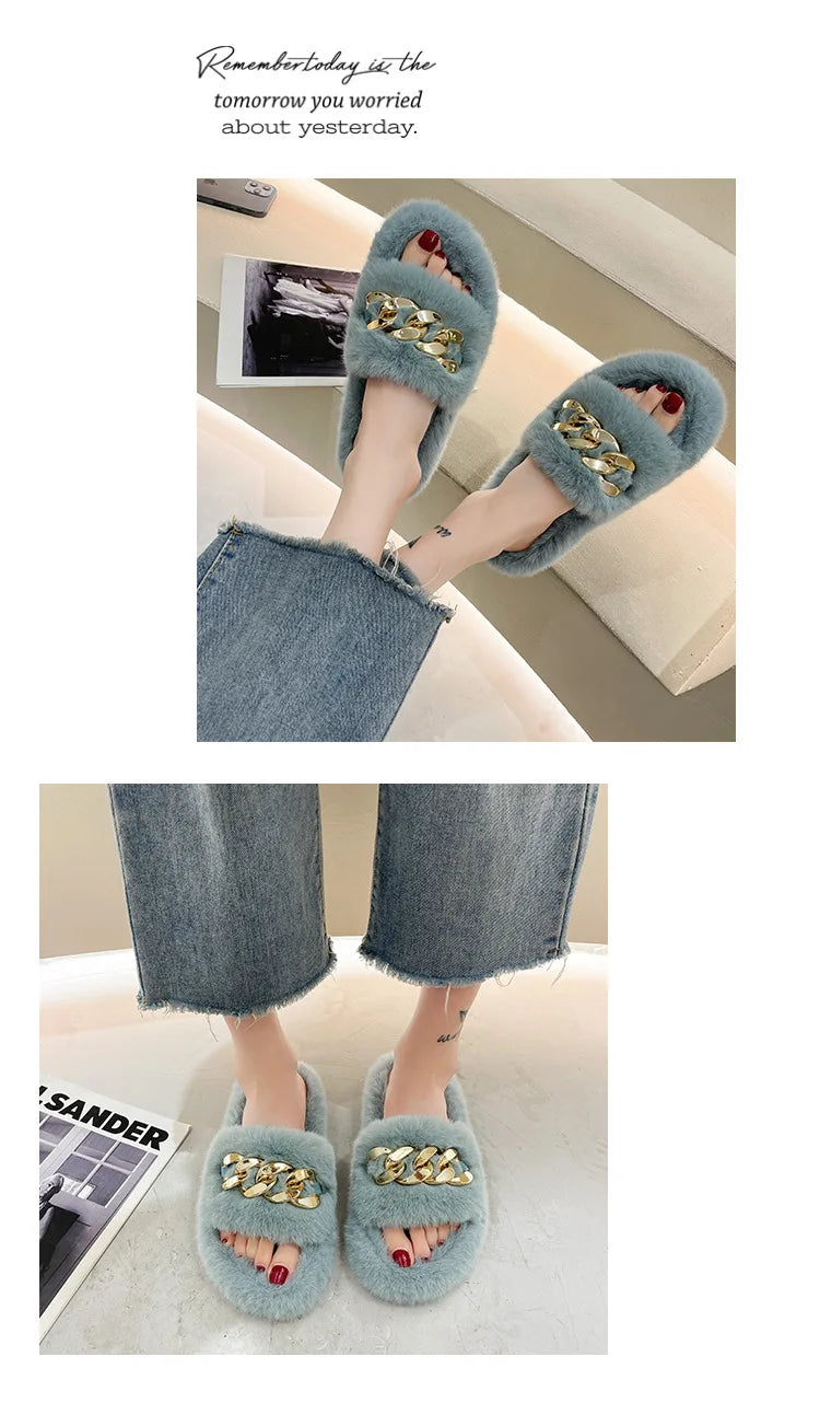 Fashion Faux Fox Fur Slippers Women Spring Autumn Fluffy Slides Ladies Peep Toe Fur Shoes Flat Large Size Furry Soft House Shoes luxecrown.co.uk