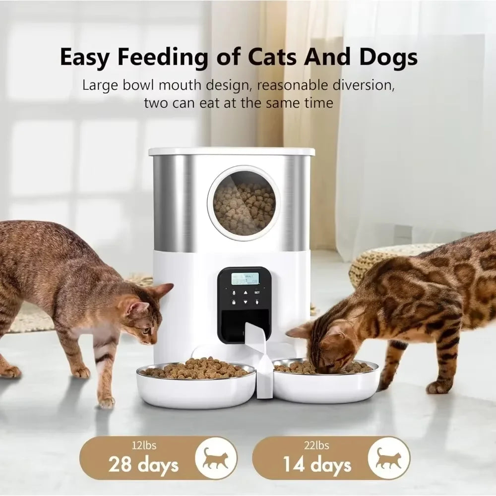 5L Large Capacity Automatic Cat Feeder For 2 Cat & Dog Timer Pet Feeder With Stainless Steel Bowl Pet Dry Food Auto Dispenser luxecrown.co.uk