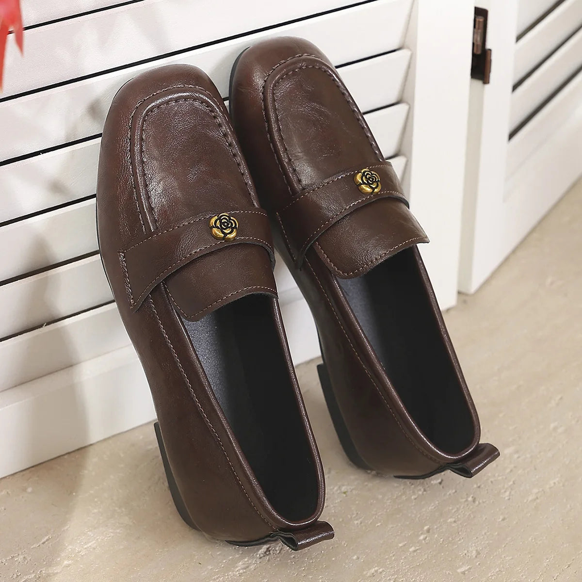Women's Leather Flat Loafers with Gold-Tone Flower Accessory Round Apron Toe Low Block Heel Comfortable & Office Dress Shoes luxecrown.co.uk