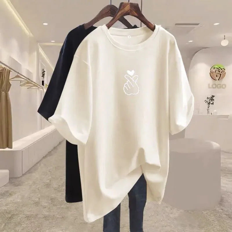 Women Clothing Elegant Chic Print Basic T-shirts Summer Fashion Pure Cotton O-neck Short Sleeve Top Tee Loose Pullover 45-105Kg luxecrown.co.uk