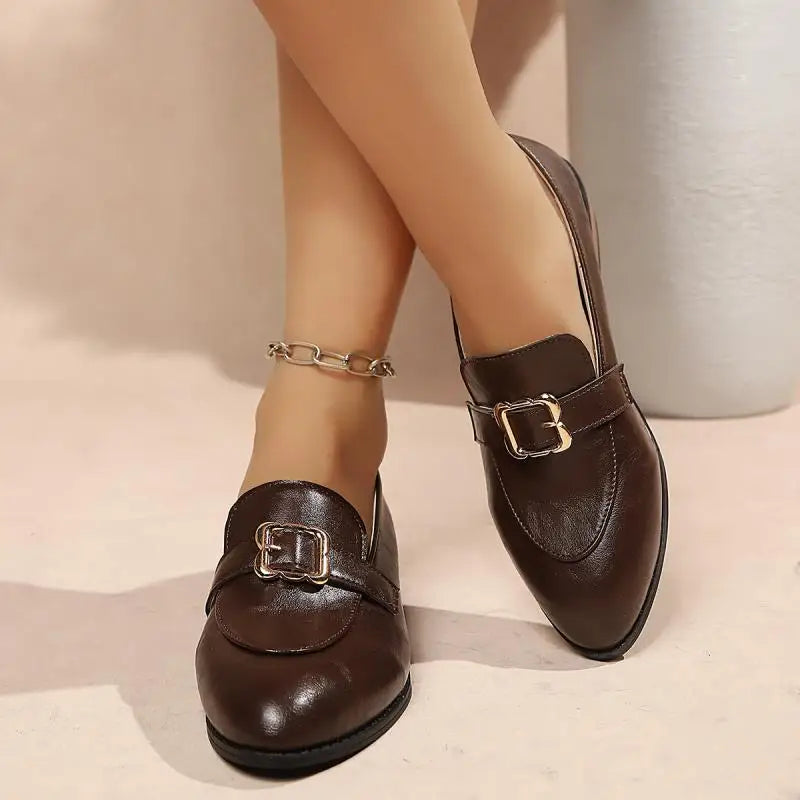 Retro Metal Buckle Thick Heel Loafers Women Summer 2026 Classic Black Brown Pu Leather Loafer Elegant Dress Shoes for Women luxecrown.co.uk