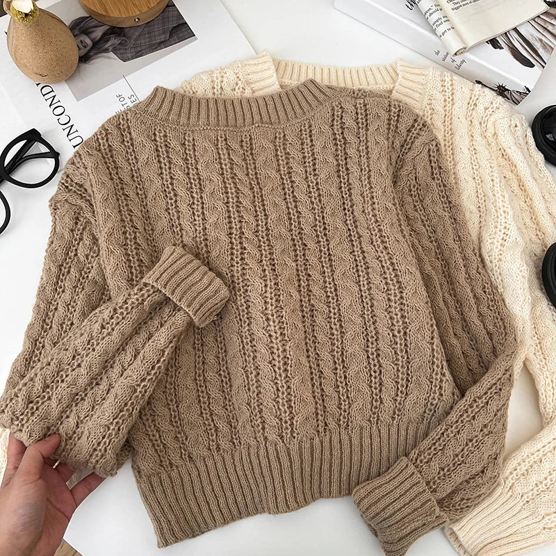 2026 New Autumn Winter Loose Casual Knitwear V-neck Long Sleeve Knitted Sweaters Twist Hollow Out Crochet Short Pullover Tops
