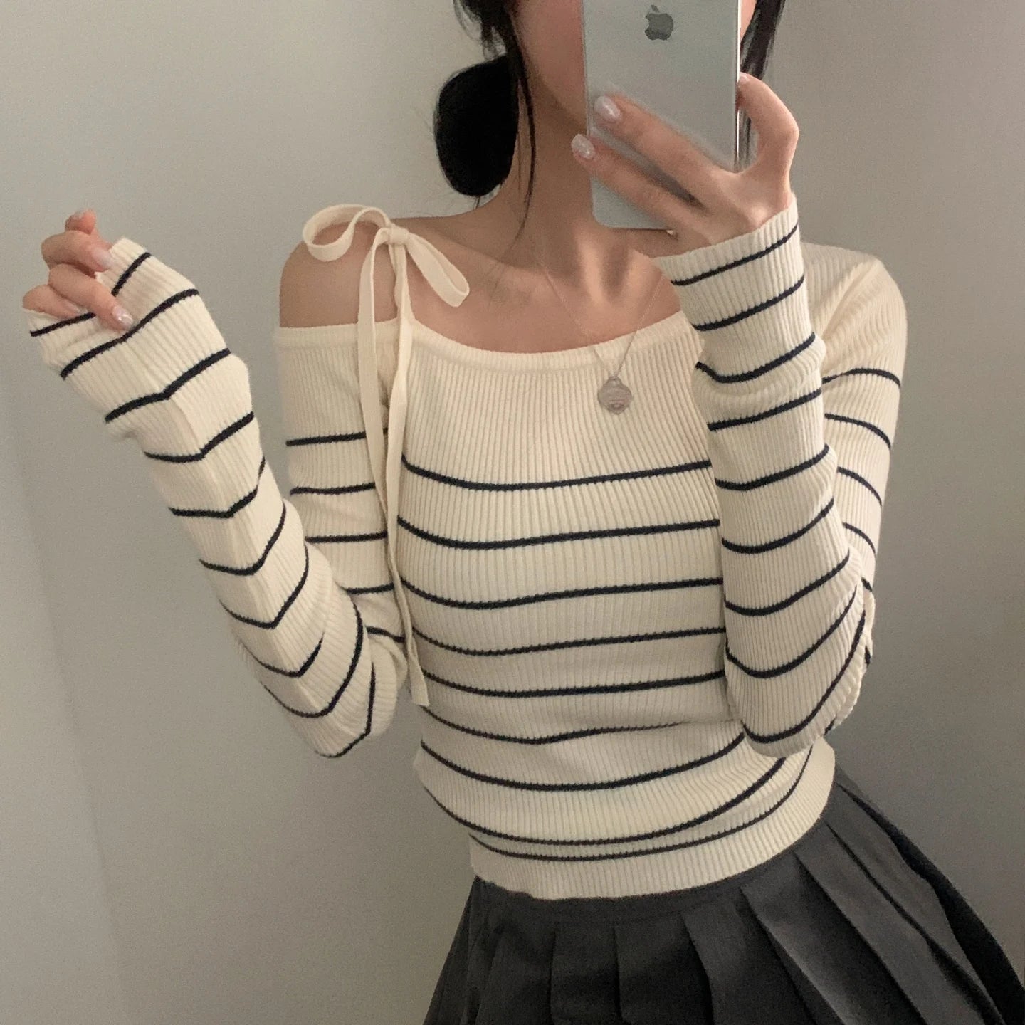 2026 New Women's Elegant Off-Shoulder Sweater T-Shirt Black White Striped with Adjustable Lace-Up Fall Winter Casual Chic Top