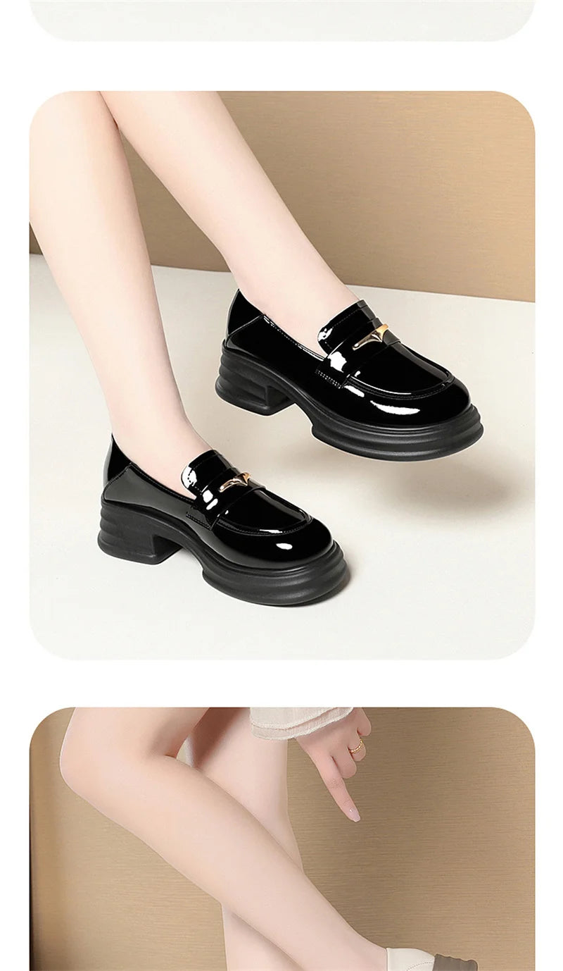 Thick-Soled Loafers Women's Spring And Autumn New British Style Retro Sponge Cake Leather Shoes Thick Heel Black Single Shoes luxecrown.co.uk