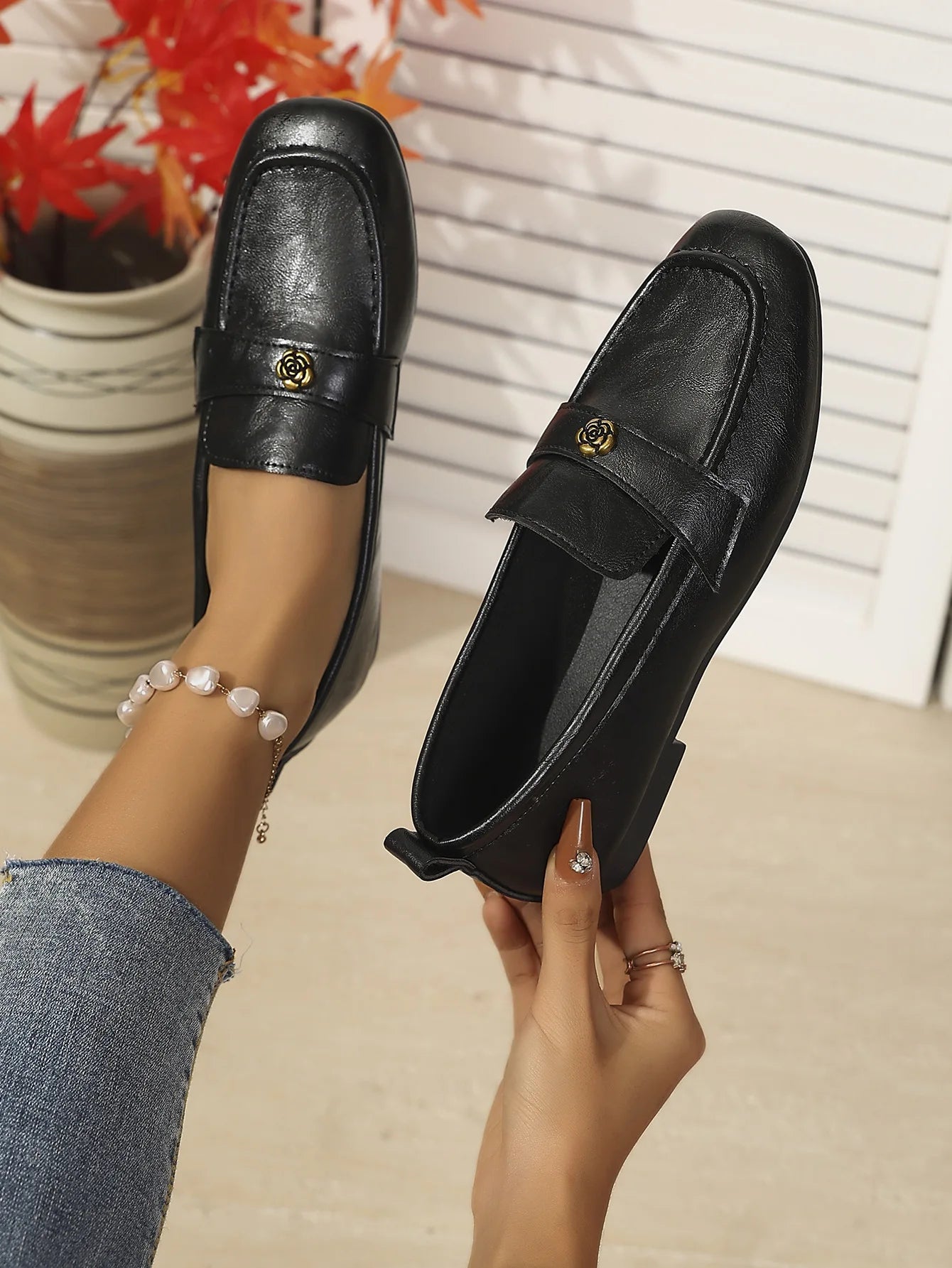 Women's Leather Flat Loafers with Gold-Tone Flower Accessory Round Apron Toe Low Block Heel Comfortable & Office Dress Shoes luxecrown.co.uk