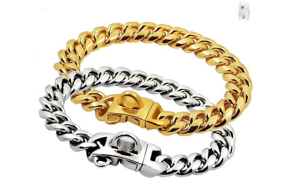 Metal Dog Collar Stainless Steel Pet Choker Gold Cuban Link Chain 14mm Wide Lead for Small Medium Large Dogs Pet Accessories luxecrown.co.uk