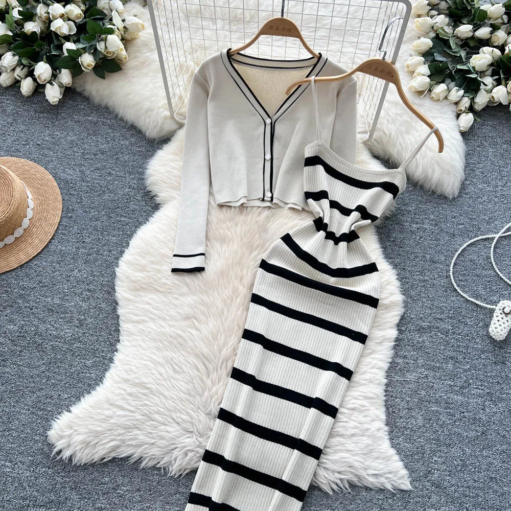 New Fashion Autumn Knitted Suits Long Sleeve V Neck Buttons Top+Stripe Strap Bodycon Dress Elegant OL Women Two Piece Sets