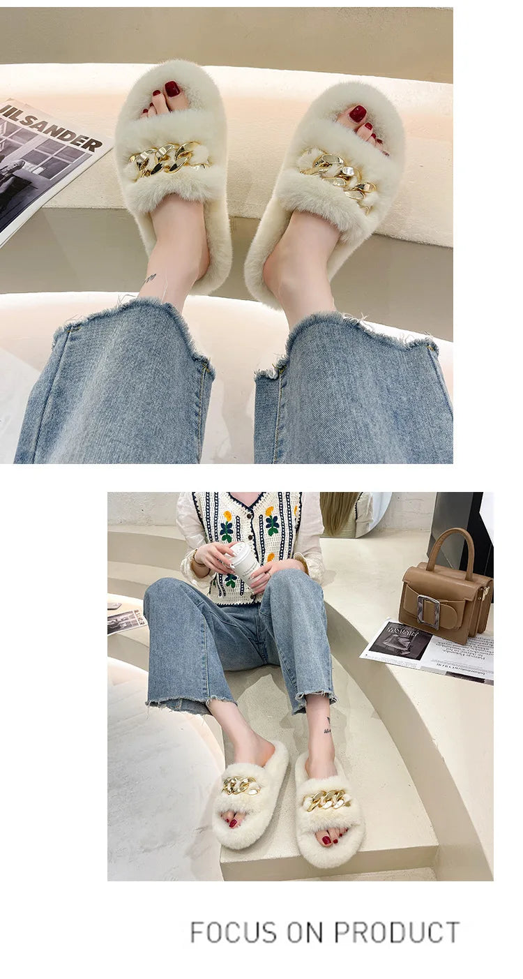 Fashion Faux Fox Fur Slippers Women Spring Autumn Fluffy Slides Ladies Peep Toe Fur Shoes Flat Large Size Furry Soft House Shoes luxecrown.co.uk