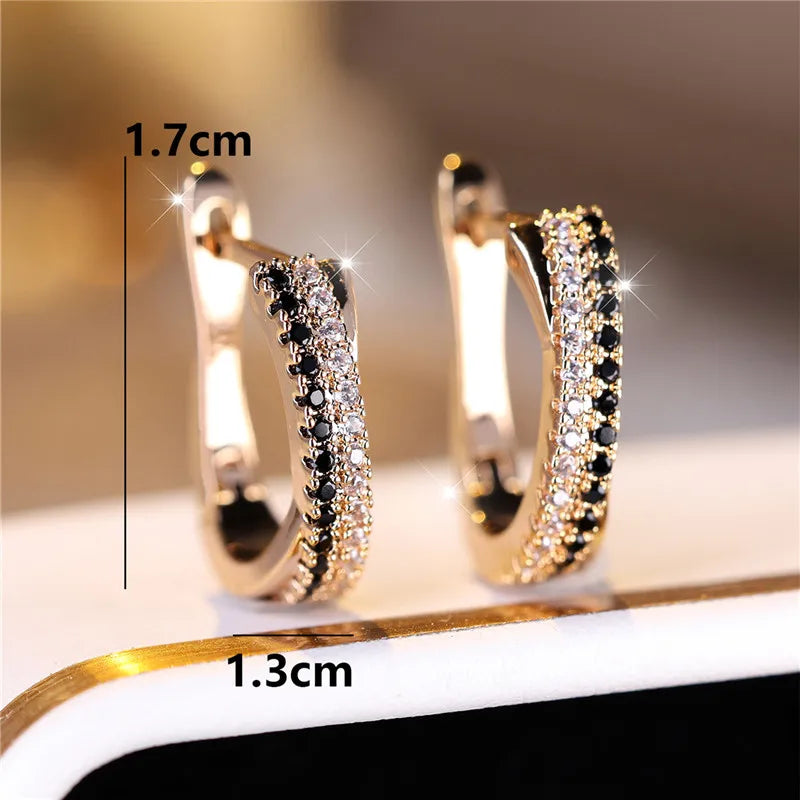 Luxury Female Black White Zircon Stone Clip Earrings Charm Gold Color Wedding Jewelry For Women