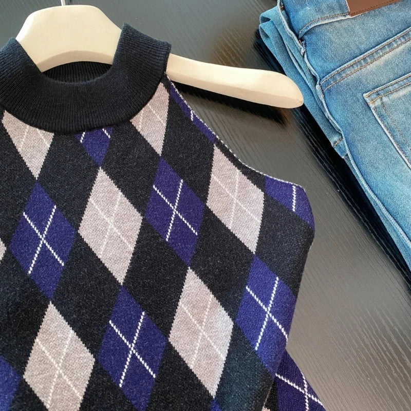 Women's Vintage Plaid Sweater Vest Ulzzang Style Knitted Preppy Soft Crew Neck Loose Top Fit Streetwear Camisole for Girls