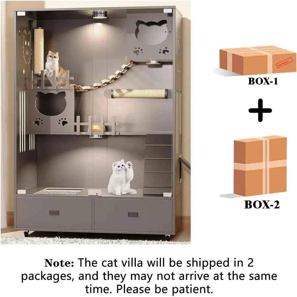 Large Wooden Cat House with Wheels, Indoor/Outdoor Enclosure, 2 Doors, Ventilated Glass Door, 57x36x24