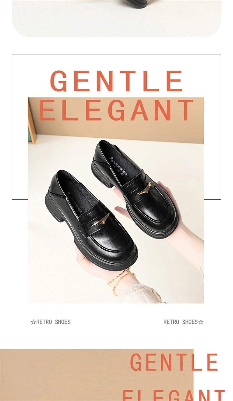 Thick-Soled Loafers Women's Spring And Autumn New British Style Retro Sponge Cake Leather Shoes Thick Heel Black Single Shoes luxecrown.co.uk