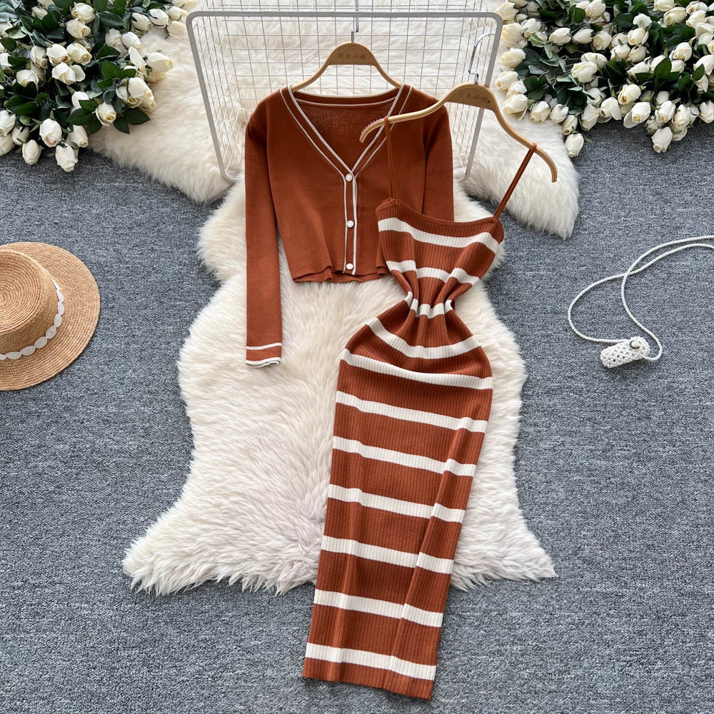 New Fashion Autumn Knitted Suits Long Sleeve V Neck Buttons Top+Stripe Strap Bodycon Dress Elegant OL Women Two Piece Sets
