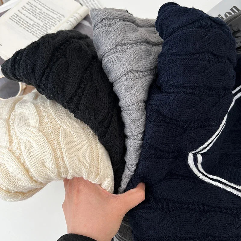 2026 New Autumn Winter Preppy Style Knitwear V-neck Long Sleeve Knitted Sweaters Twist Hit Color Striped Short Pullover Tops