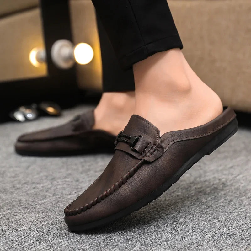 Summer Leather Men Half Slippers Breathable Mens Casual Shoes Slip-on Lazy Driving Shoes Comfortable Walking Loafers Moccasins luxecrown.co.uk