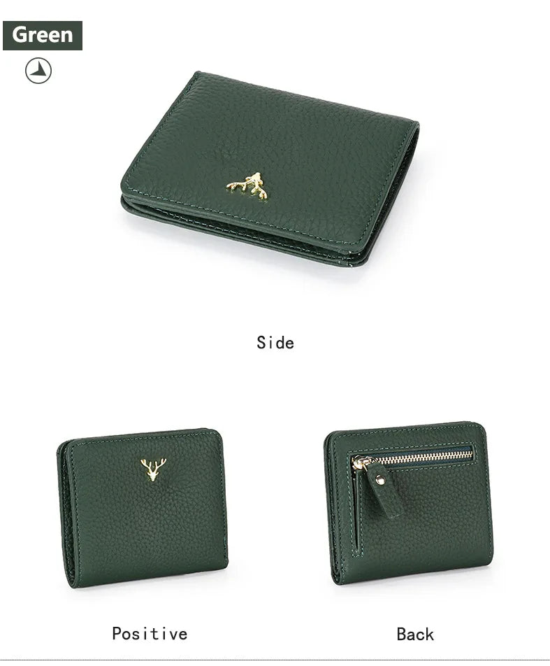 Cowhide Women's Purses Short Thin Small Wallet Chic Christmas Deer Button Ladies Genuine Leather Card Holder Wallet Coin Purse luxecrown.co.uk