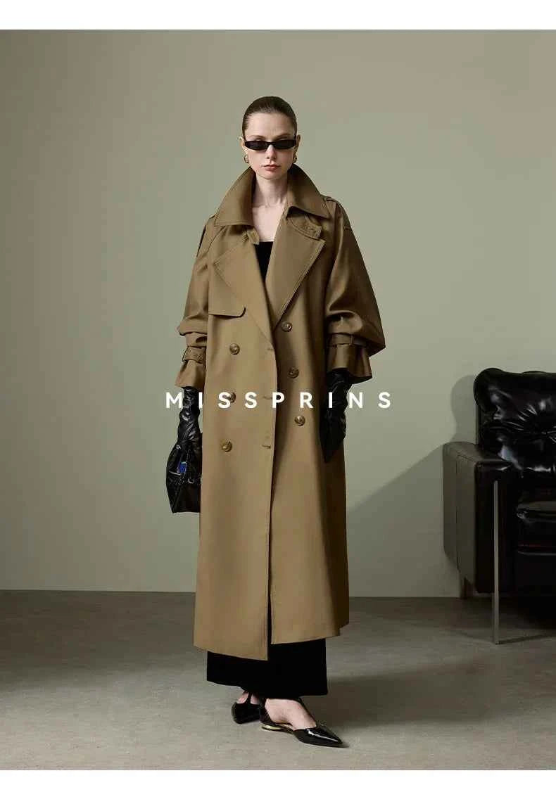 Lautaro Spring Autumn Long Khaki Trench Coat for Women Belt Double Breasted Chic Luxury Designer European Fashion Clothes 2025