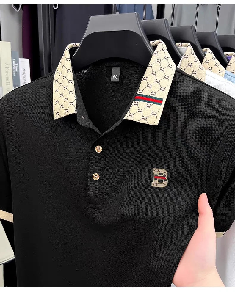 Luxury brand B letter embossed short sleeve polo shirt men summer lightweight breathable new fashion color blocked lapel T-shirt luxecrown.co.uk