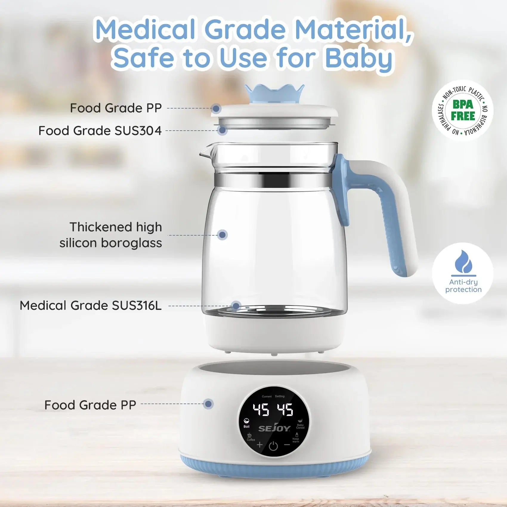Sejoy 1.2L Baby Electric Kettle Infant Thermostatic Milk Regulator 24 Hours Hot Water Smart Insulation Pot Streetsharks