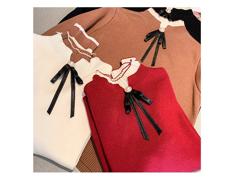 Autumn Winter Sweater Sweet Bow Knitwears Long Sleeve Slim Pullovers Women Solid Knitted Sweater Korean Casual Base Layer Y2k