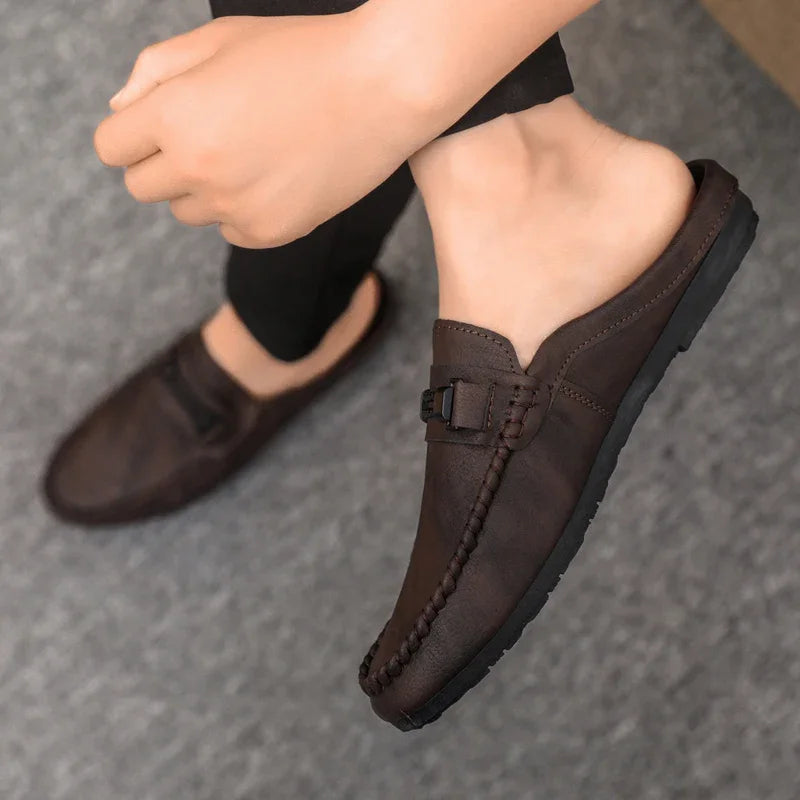 Summer Leather Men Half Slippers Breathable Mens Casual Shoes Slip-on Lazy Driving Shoes Comfortable Walking Loafers Moccasins luxecrown.co.uk