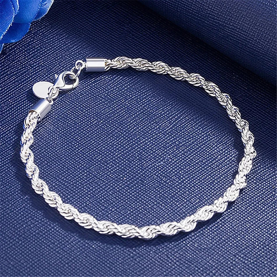 ALIZERO 925 Sterling Silver Unisex 4mm Rope Chain Bracelets for Men Women Twisted Links Chain Bracelet Simple Classic Jewelry Streetsharks