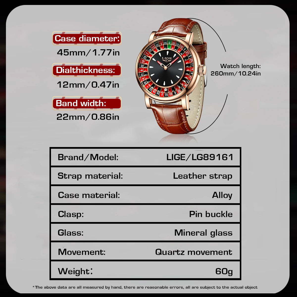 LIGE Fashion Brown Leather Men Watch Rotating Dial Las Vegas Roulette Desktop Theme Watch Men Waterproof Luminous Clock Watches