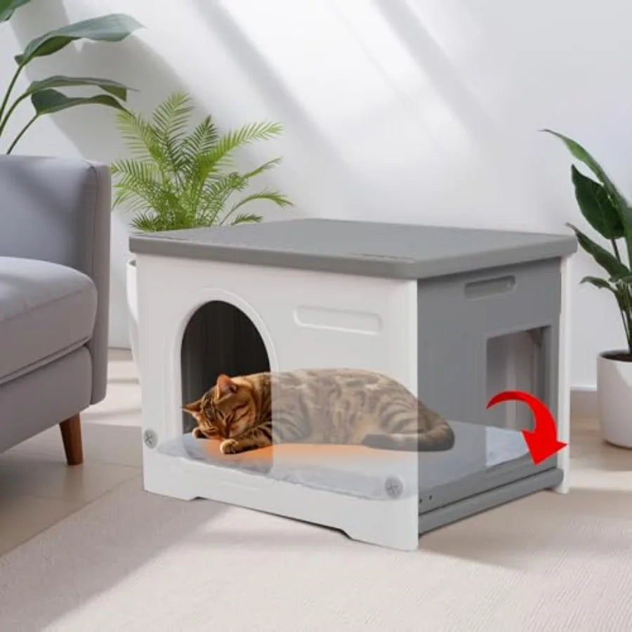 Plastic Cat House Outdoor and Indoor, Waterproof Feral Cat Houses with Escape Door, Sturdy Outdoor Cat House with Bed Mat, Outs luxecrown.co.uk