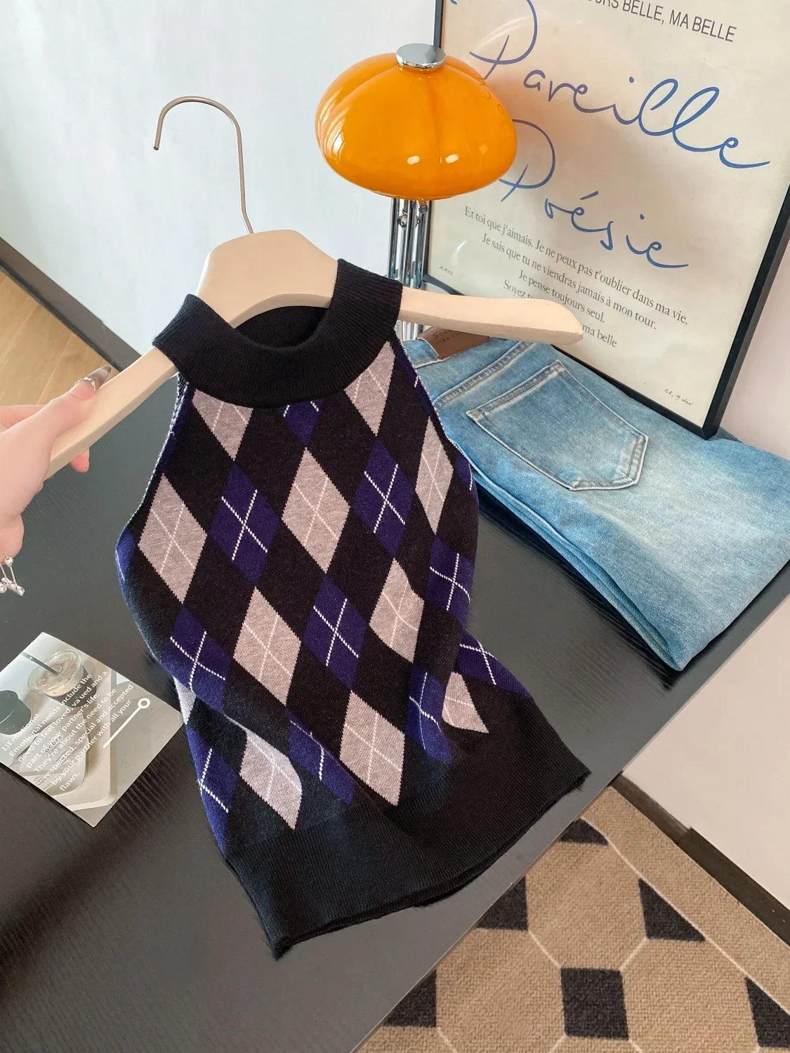 Women's Vintage Plaid Sweater Vest Ulzzang Style Knitted Preppy Soft Crew Neck Loose Top Fit Streetwear Camisole for Girls