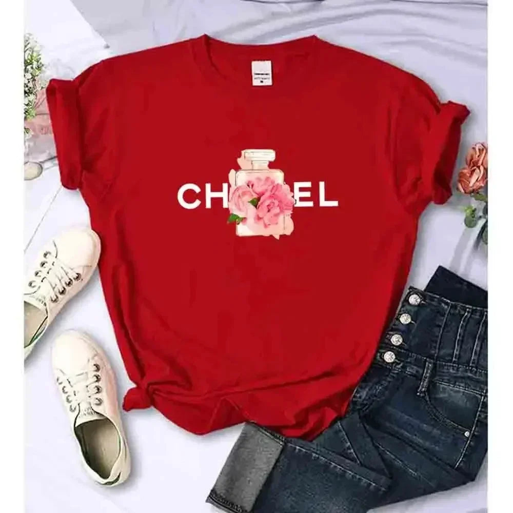 Luxury Fashion Brand Printed Women's Summer T-Shirt Alphabet Flower Perfume Shirt Pattern T-Shirt High Quality Short Sleeve Top Streetsharks
