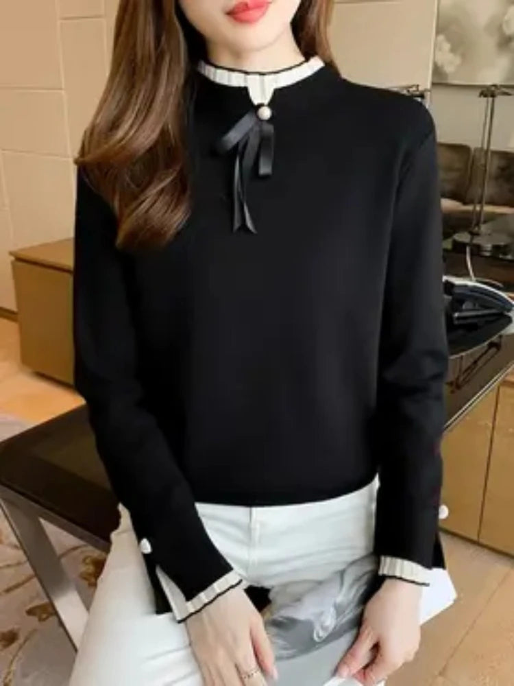 Autumn Winter Sweater Sweet Bow Knitwears Long Sleeve Slim Pullovers Women Solid Knitted Sweater Korean Casual Base Layer Y2k