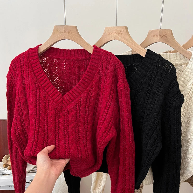 2026 New Autumn Winter Loose Casual Knitwear V-neck Long Sleeve Knitted Sweaters Twist Hollow Out Crochet Short Pullover Tops