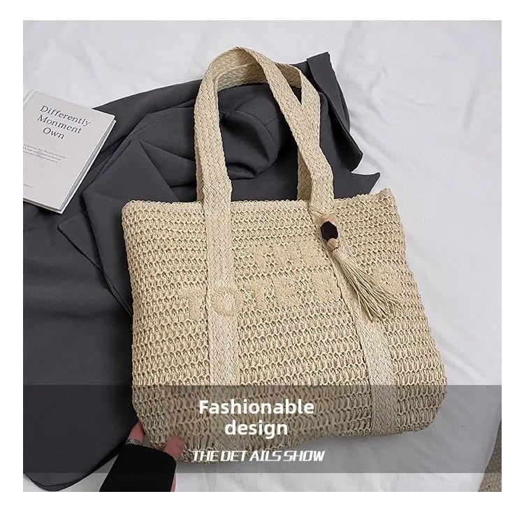 French Style Large Capacity Woven Straw Woven Bag for Women New Beach Vacation Shoulder Bag Casual Commuting Tote Bag Purse luxecrown.co.uk