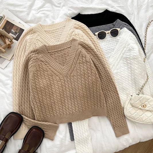 2026 New Autumn Winter Women V-neck Long Sleeve Knitted Sweaters Twist Striped Loose Solid Color Short Pullover Tops
